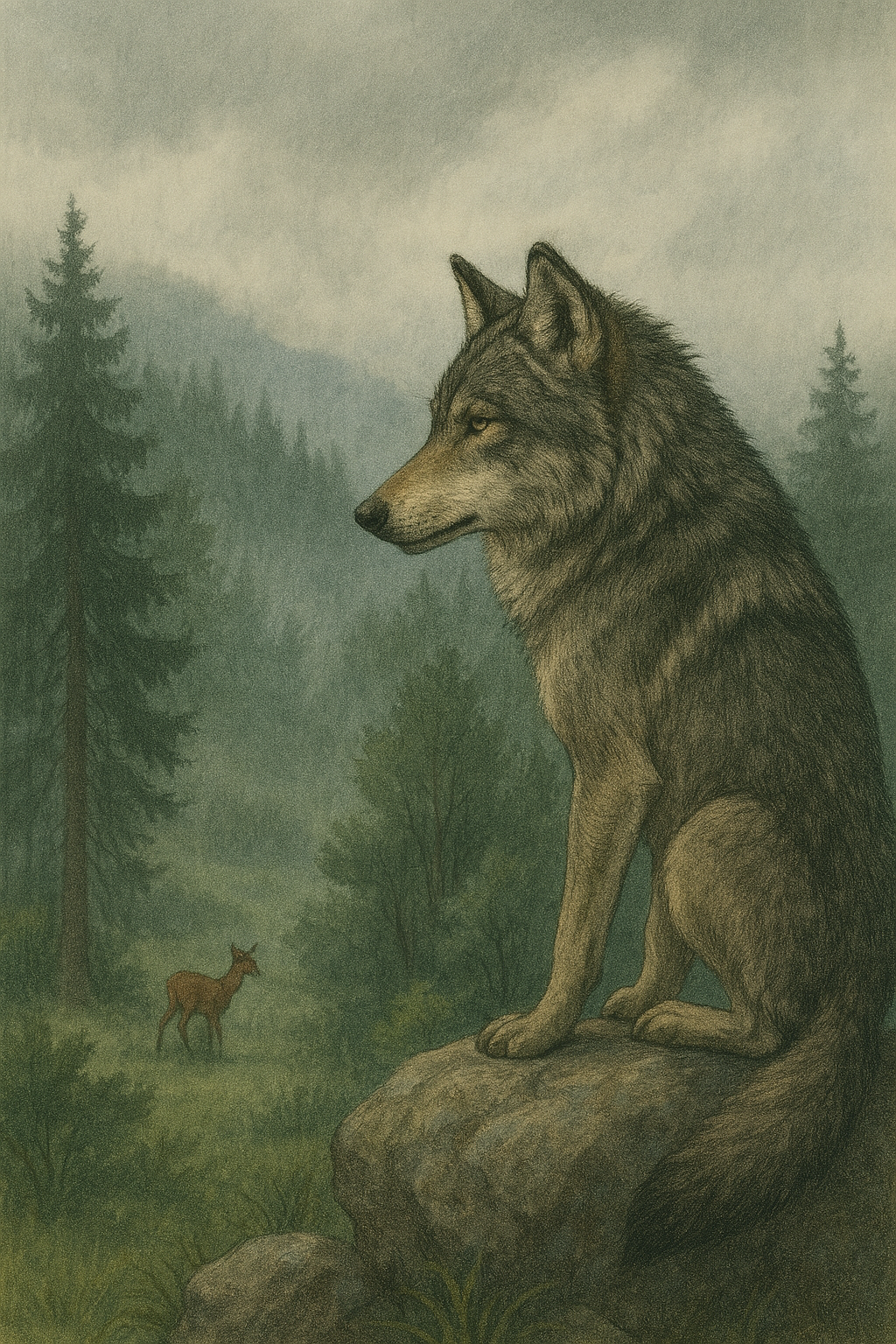 鹿を狙うオオカミのイラスト