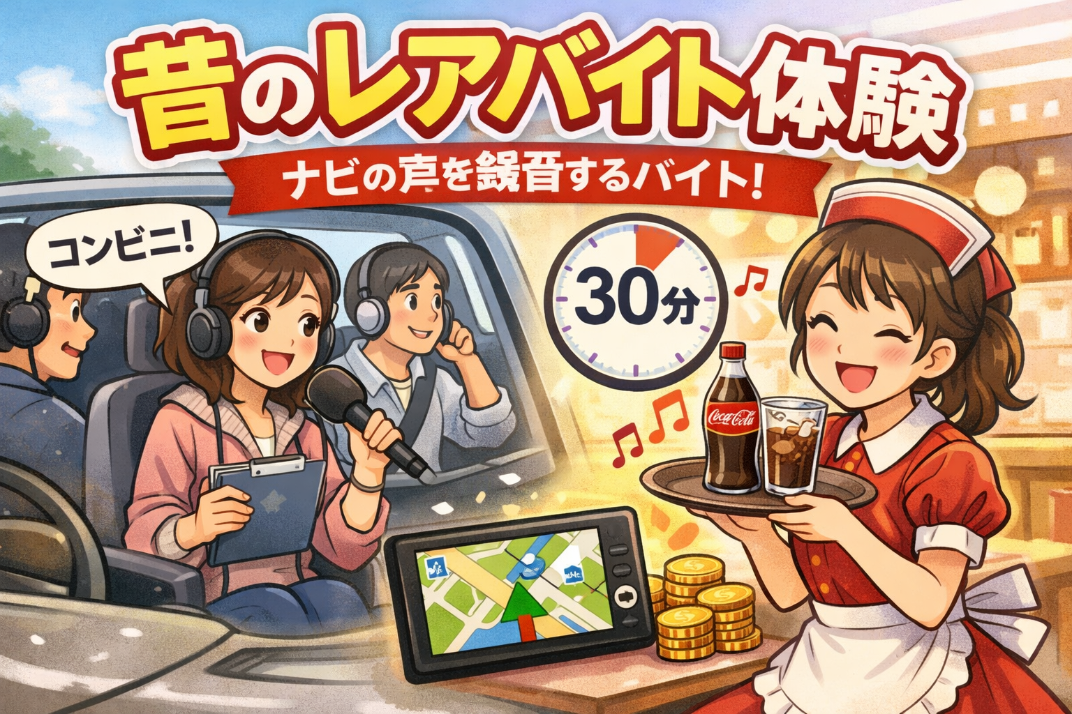ナビ用の声を録音するバイトとコカ・コーラのイラスト