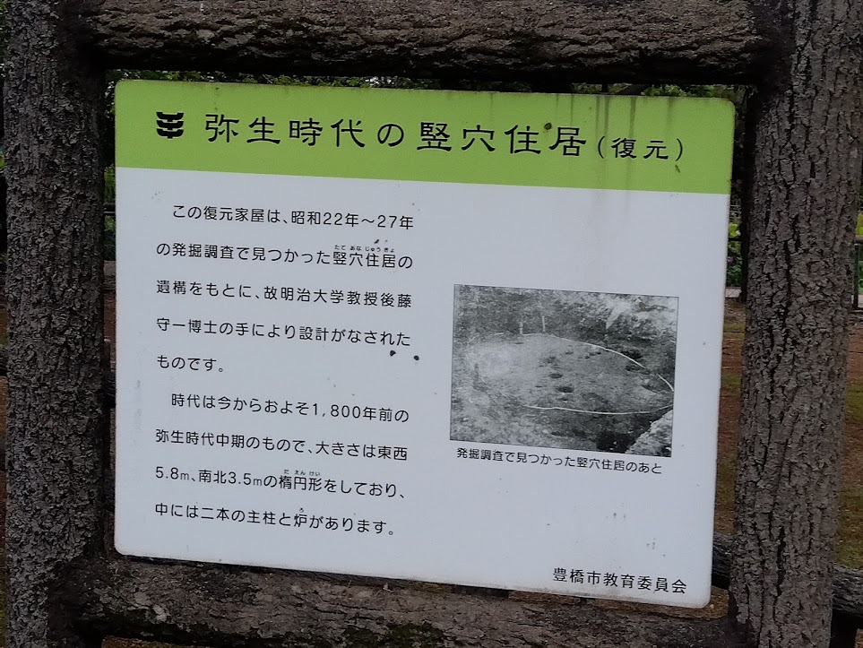 瓜郷遺跡の竪穴住居説明看板